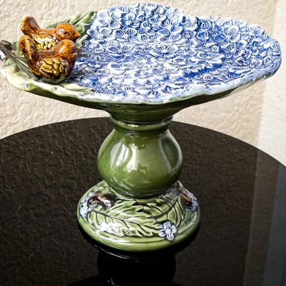 Vintage majolica Floral Ceramic Pedestal Plate with Birds cake pedestal birdbath