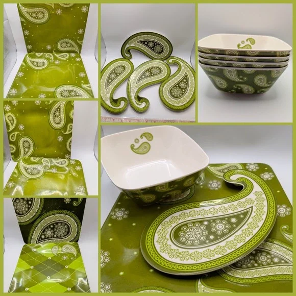 MCM Dinnerware Set Retro Green Paisley Print Funky Appetizer Plates Bowls Groovy