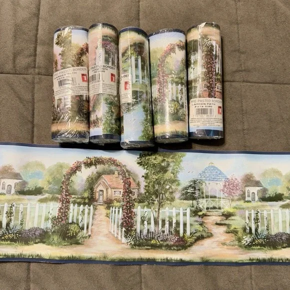 Garden Path Pre Pasted‎ Wallpaper Border Lot 6 Rolls Floral 4yd DG Cottage Core