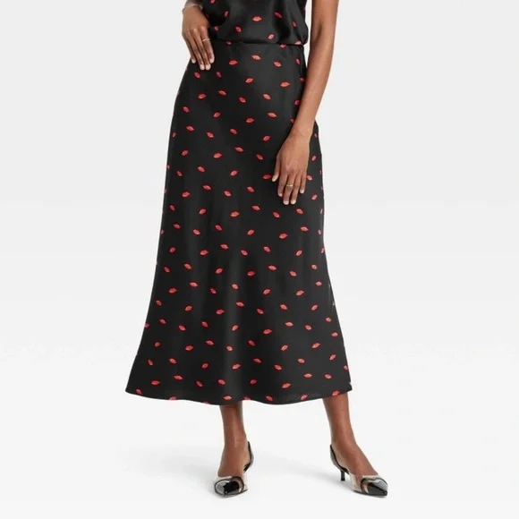 a new day Red Lips Printed Midi Skirt