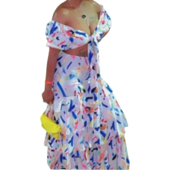 Colorful Abstract Off-Shoulder Crop and Layered Maxi Set, Size: Med
