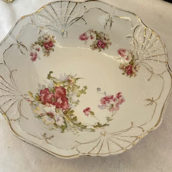 Antique Victorian Floral Porcelain Serving Bowl Gold Gilt Embossed Pink Floral