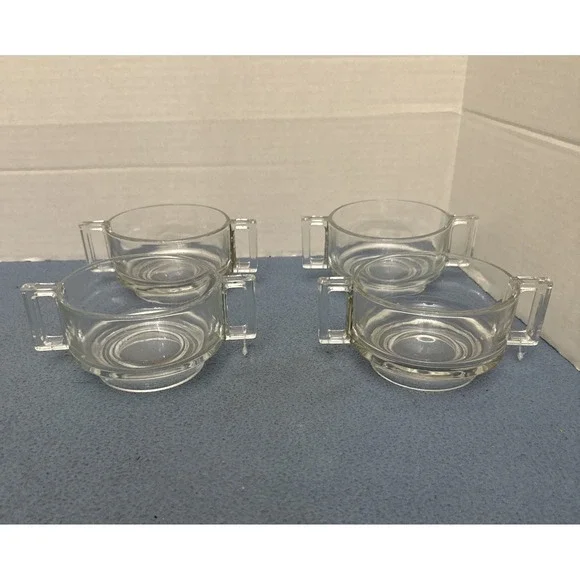 MCM Joe Colombo Arno Clear Glass Double Handled Soup Bowls from Italy - Set of 4