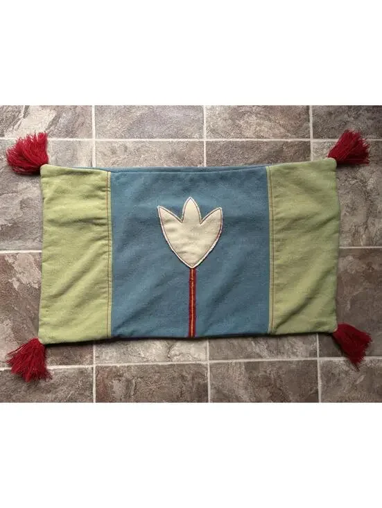 Vintage IKEA Cushion Cover Wool Swedish Scandinavian Blue Green Flower Tassels