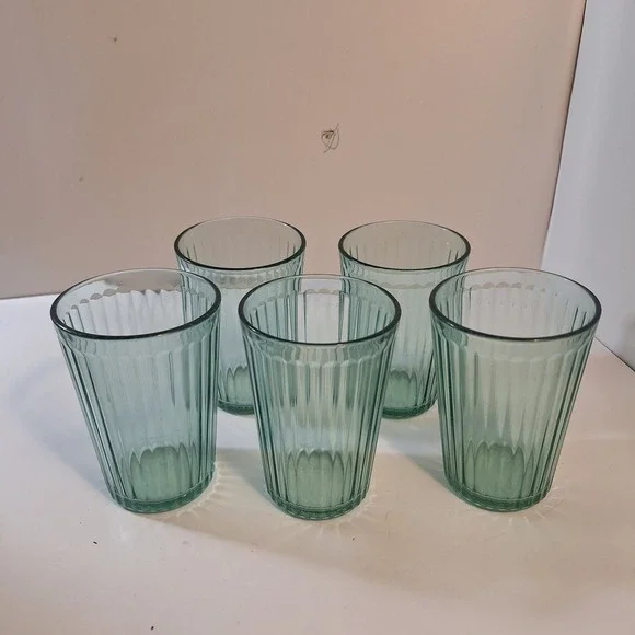 IKEA Green Ribbed Drinking Glasses Tumblers KALLNA Made in FRANCE 5 Glasses