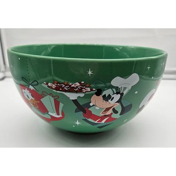 Disney Christmas Serving Bowl‎ Green Mickey Minnie Goofy Donald Holiday Ceramic