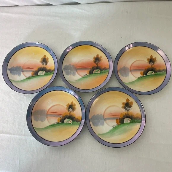 Vintage‎ Set of 5 Hand Painted Sunset Landscape Dessert Plates Made in Japan