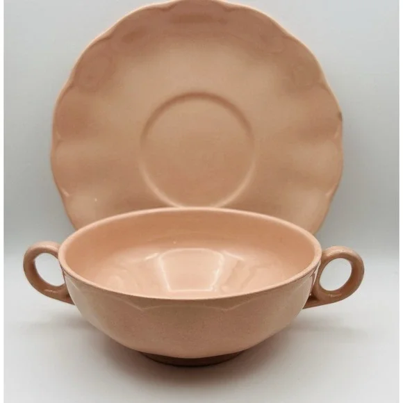 Grindley Cream Soup Bowl Saucer Peach Petal Pink Scalloped MCM England Vintage