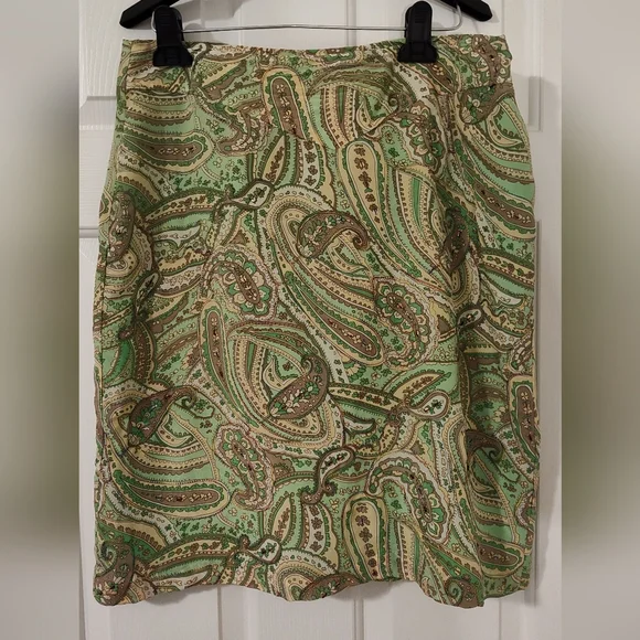 Worthington Green Paisley 100% Silk Skirt W/ Sequins, Midi Pencil, Size 12