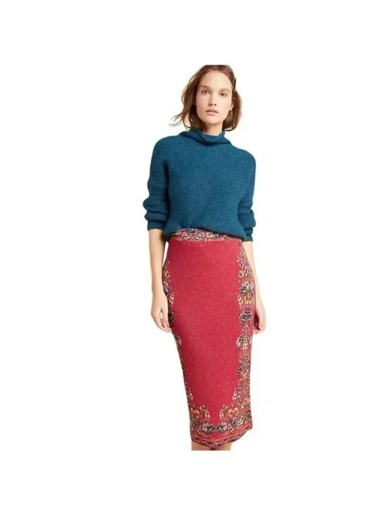 Farm Rio X Anthropologie Floral Stretch Midi Pencil Skirt Boho size Small