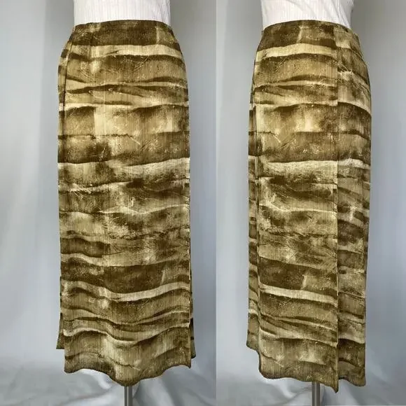 Boho Midi Skirt Size Small Green Brown Abstract Crinkle Pleated Fairy Whimsigoth