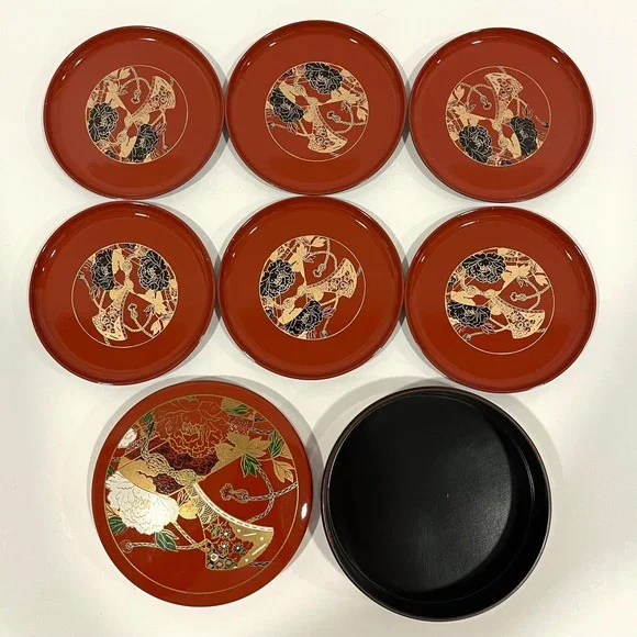 Lacquerware Japanese Set 6 Plates Coasters Lidded Box Red Peony Fan