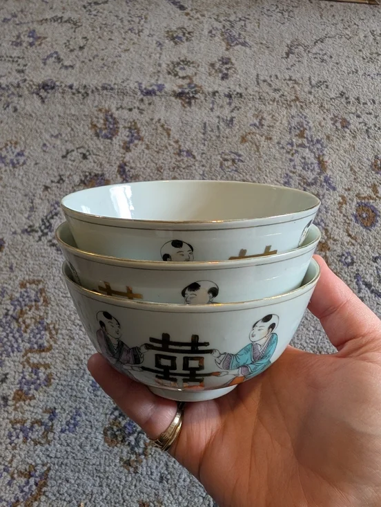 Vintage Double Happy Fine China Rice Bowls Set Of 3 Chinese Figures Gold Accents