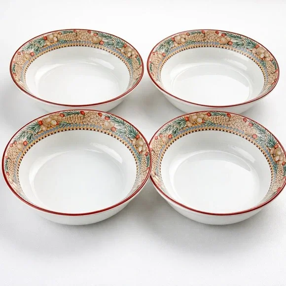 Sakura Pine Cone Debbie Mumm Stoneware Rimmed Soup Bowls Set of 4 1998‎ Vintage