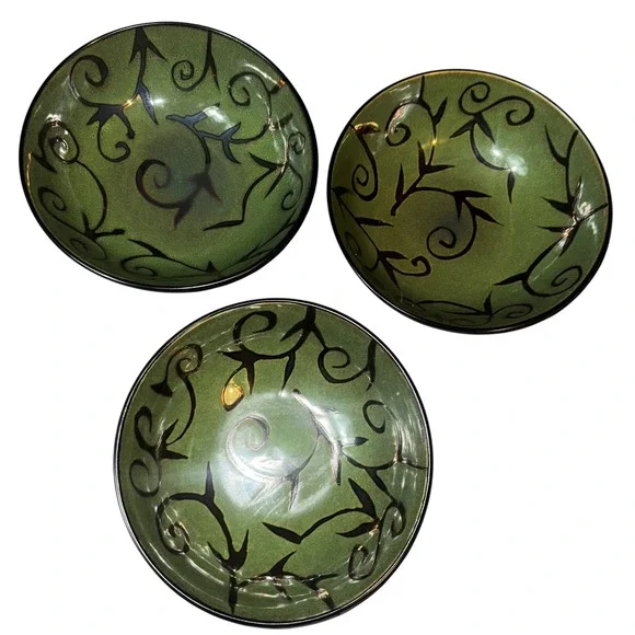 Oneida‎ Reactive Glaze Ceramic Bowls Green Black Vine Pattern Set of 3