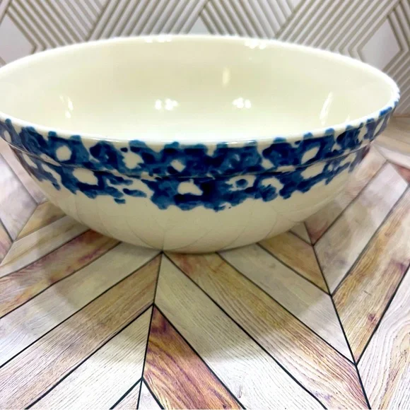 Gibson COBALT‎ SPONGE Blue Beige Smooth Stoneware Round Serving Bowl R7