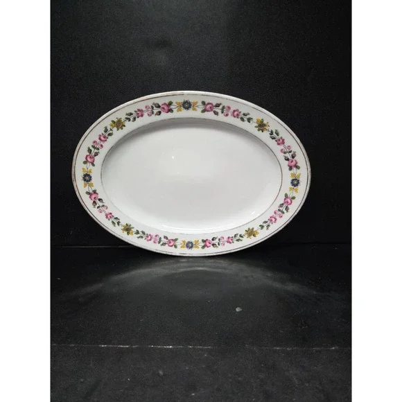 C Ahrenfeldt Limoges Depose Oval Platter, White Bone China, Vtg‎ Floral Border