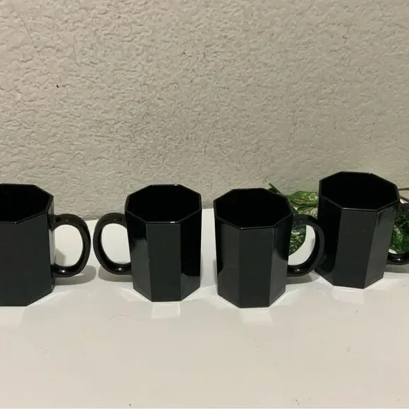 Set 4 ARCOROC Glass BLACK OCTIME Octagon 10oz Coffee MUG Tea CUP France G1