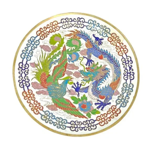 Old Chinese‎ Cloisonné Enamel Brass Dynasty Phoenix Dragon Plate 7 7/8