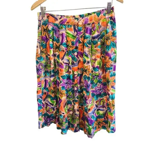 Size M – Vintage Peach Floral Rayon Midi Skirt w/ Pockets
