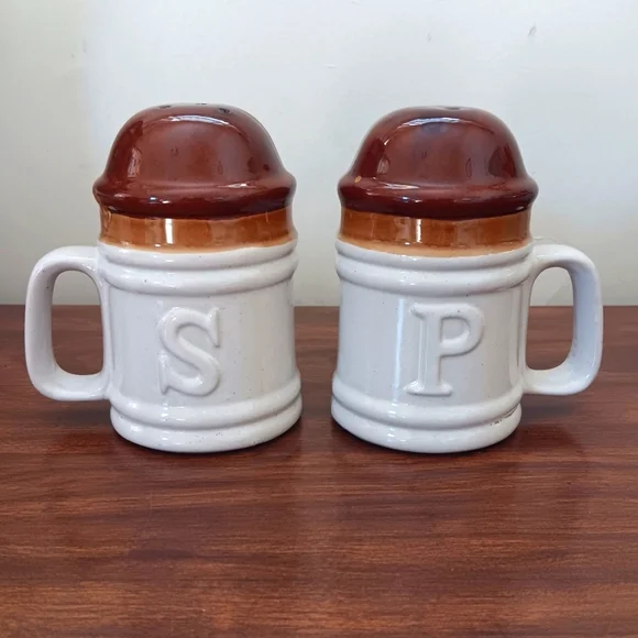 Vintage Ceramic Brown & White Glazed Salt & Pepper Shaker Set