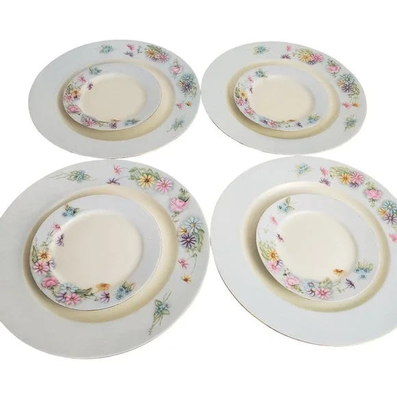 VTG Hand Painted by L.M. Baringer Dinner Plate & Salad Plate Set 4 Pastel Daisy