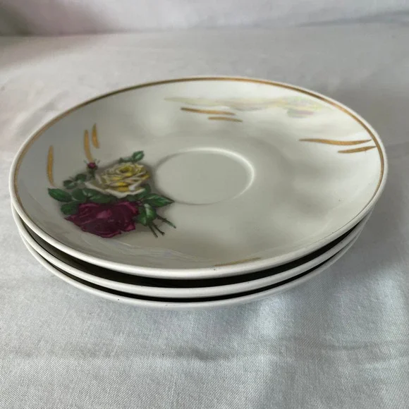 Vintage‎ USSR Porcelain Saucers Floral Rose Gold Accent Set of 3