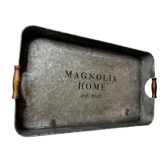 Magnolia Farms Galvanized Tin Metal Tray w/ Wood Handles - Farmhouse - J Gaines