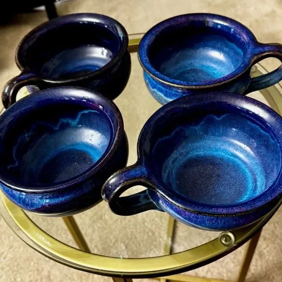 Harald Nordvold Studio Set 4 Blue Drip Glaze Handmade CA Signed Soup Chili Bowls