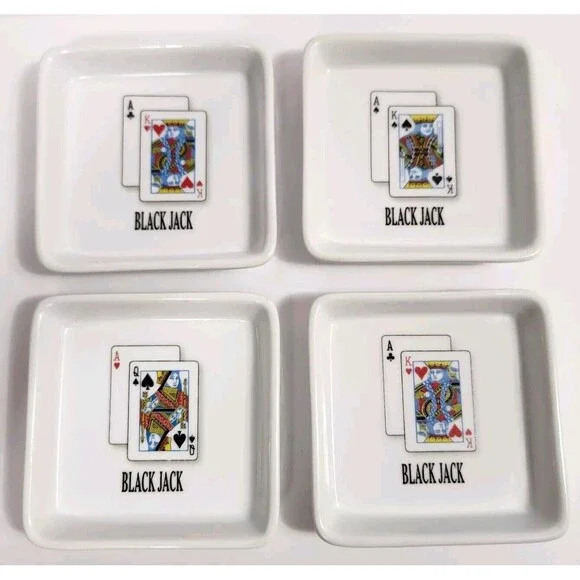 Set 4 Bella Casa By Ganz Black Jack Cards Ceramic Trinket Snack Dish Ashtray