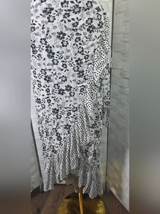 Maurices Black and White Asymmetrical Floral Ruffle Skirt