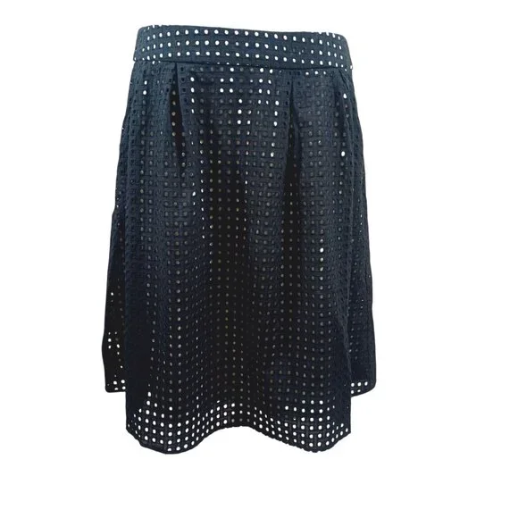 Dennis Basso Black Eyelet Pleated Skirt, White Lining, Size 14, Pockets, Classic