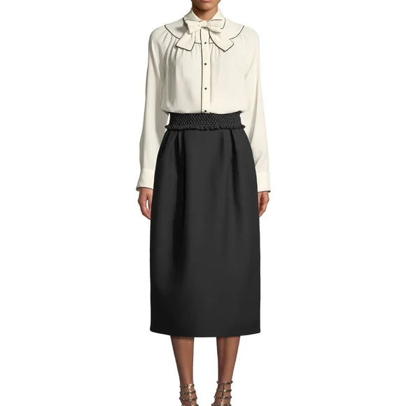 nwt Valentino Smock-Waist A-Line Crepe Wool-Blend Ankle-Length Black Ski…