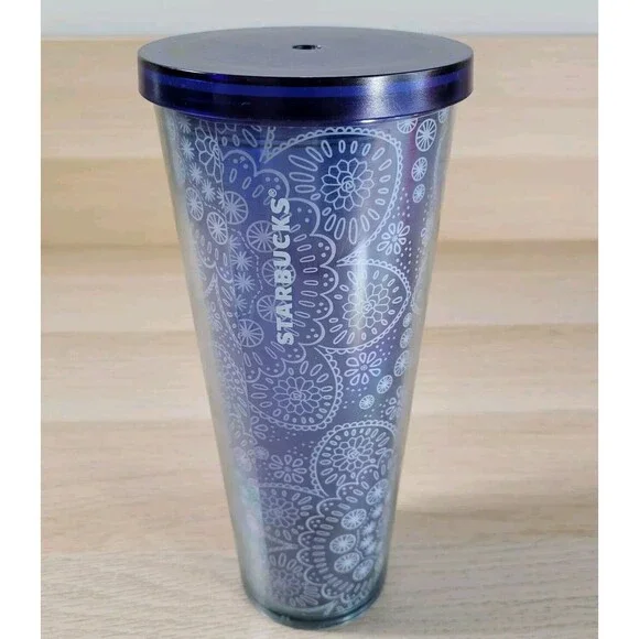 Starbucks Blue & White Floral Cup Venti 24oz Tumbler Lid Travel Cold Coffee Mug