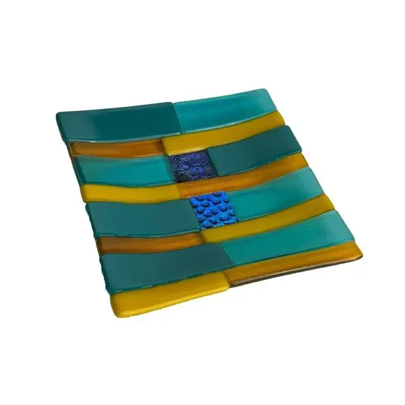Colorful abstract Pattern Fused Art Glass Trinket Dish Tray 6” square