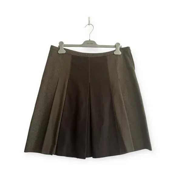Prada Brown Virgin Wool Pleated Skirt with Cotton Panels