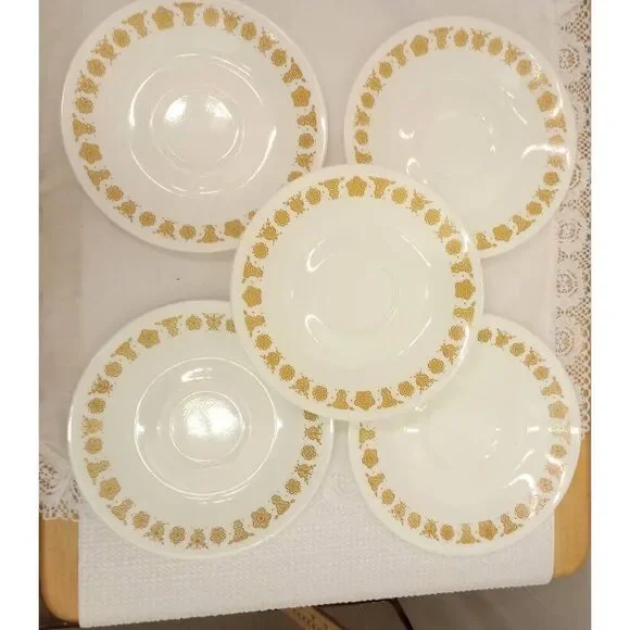 Five vintage Corelle harvest Gold teacup, coffee cup saucers plates