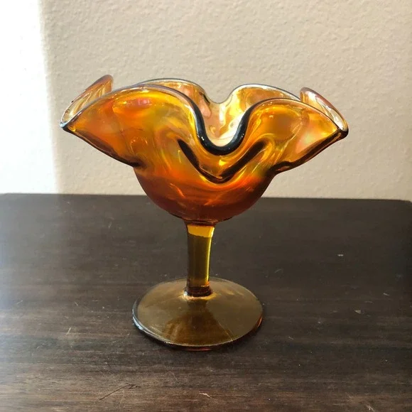Vintage Marigold Iridescent Carnival Glass Ruffled Pedestal Candy‎ Dish Bowl MCM