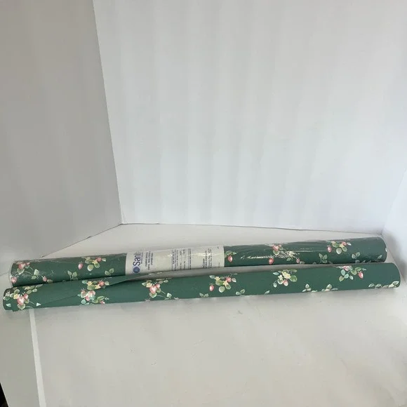 Vintage Sanitas Strawberry Floral Wallpaper Green Fabric Backed Vinyl 2 Rolls