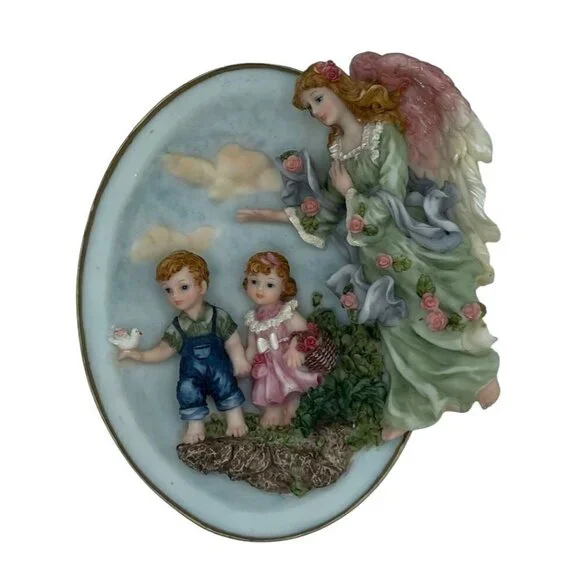 3D Guardian Angel Decorative Glass Plate Blue, Pink and Green Multi-Color