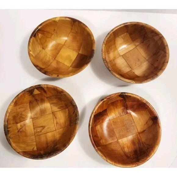 Set 4 VTG Wooven Wood Nesting Bowls Hand Crafted 6