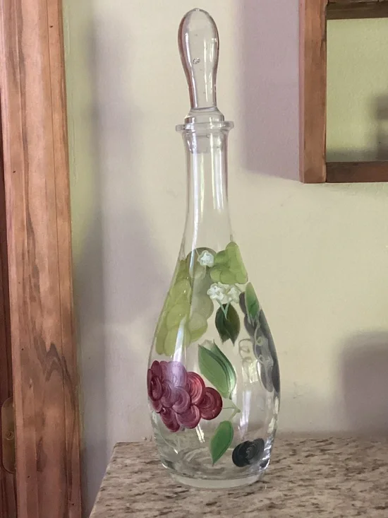 VINTAGE HAND PAINTED GLASS WINE DECANTER 15” WITH GLASS STOPPER