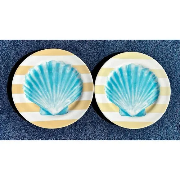 Set of 2 Sigrid Olsen Aqua Blue & White Seashell Pattern Melamine Plates