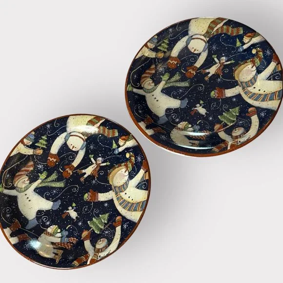 Certified International 2x Salad Dessert Plates TUMBLING SNOWMEN Susan Winget