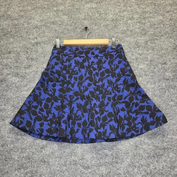 Express Skirt Womens 2 Blue Black Floral A-Line Short Mini Lined Jacquard Zip
