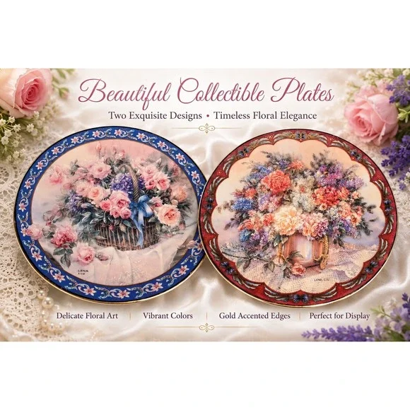 Set Of 2 W.L. George Collectors Plates By Lena Liu Floral Gold Accents 8