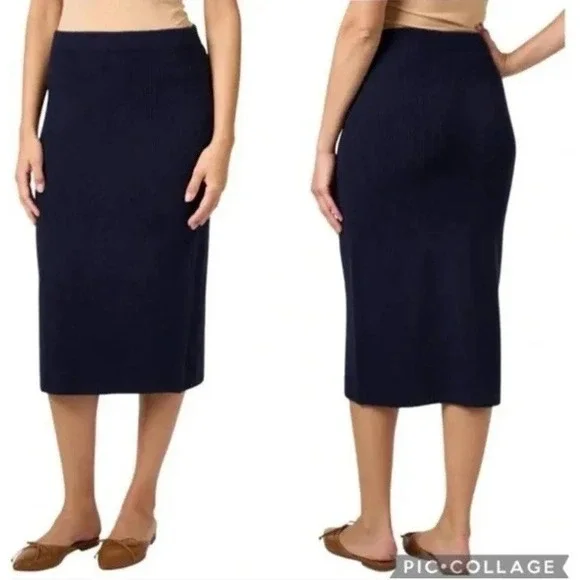 Vince NWT Navy Blue Ribbed Fitted Pencil Midi Skirt Office V566583114 sz‎ XS