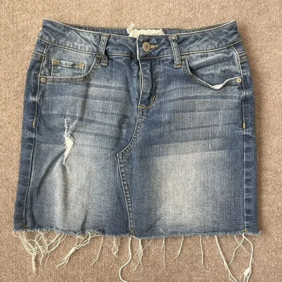 Altar'd State Skirt Womens XS Denim Jean Stretch Raw Hem Mini Distressed Summer