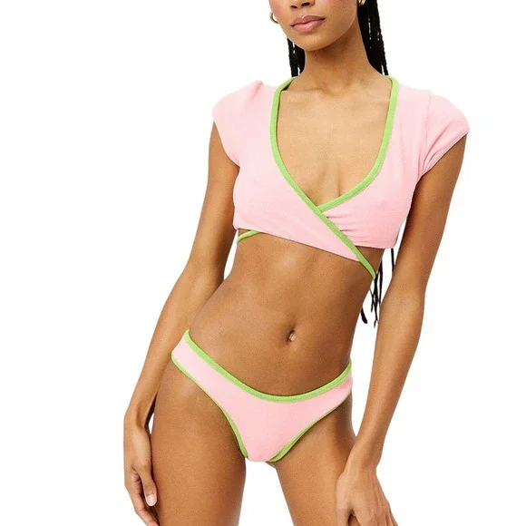 Frankies Bikinis Soleil Terry Tie Front Thong Bikini Set Green Trim Swimsuit