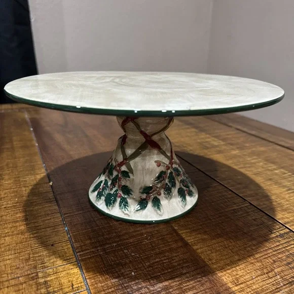 Hand Painted Christmas Holly  & Berries Cake Dessert Stand Platter‎ New 11
